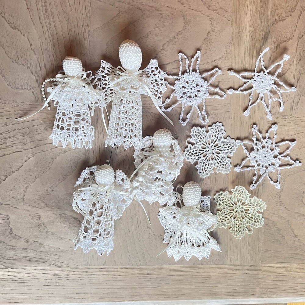 Vtg Crochet Angel Stars Snowflake Handmade‎ Starched Decor Ornaments Christmas